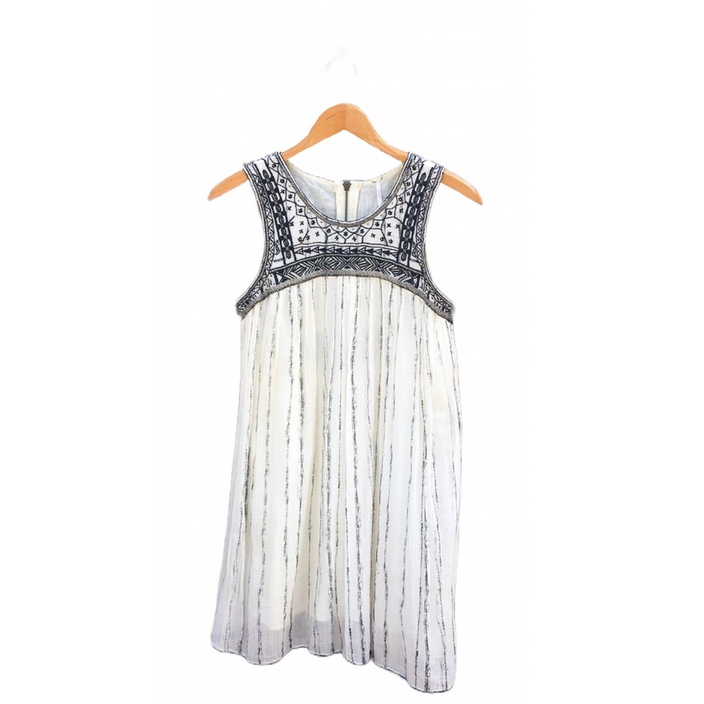 Free People Babydoll Beaded Dress White + Black Back Cutout Womens Size 2